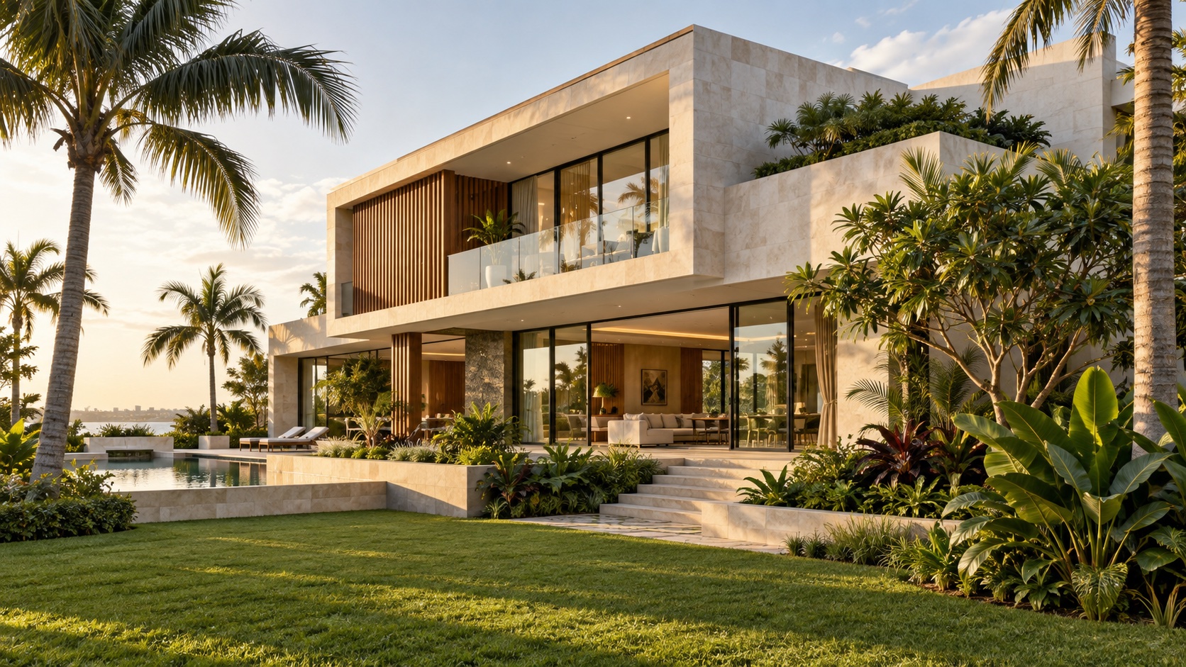 Illustrative contemporary tropical home with landscaped gardens